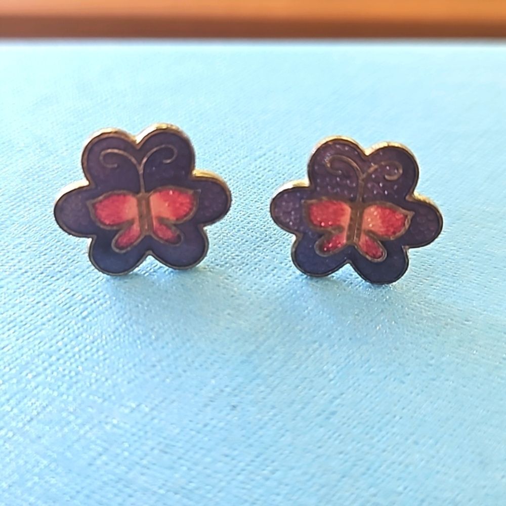 Vintage Cloisonné Enamel Butterfly Floral Purple Pink Stud Earrings